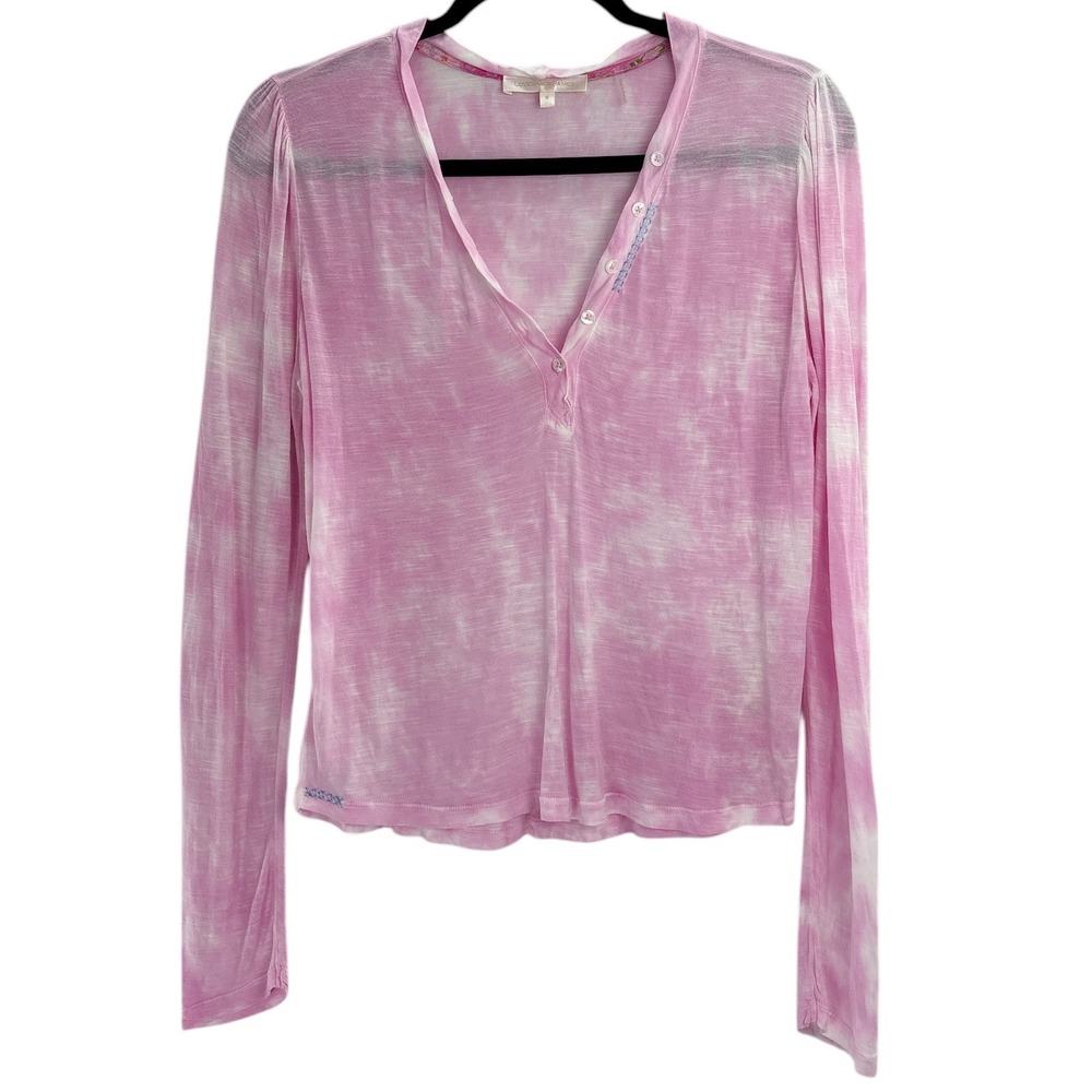 LoveShackFancy Tie Dye Sheer Lightweight Henley Top Women's Mediumβ Pink